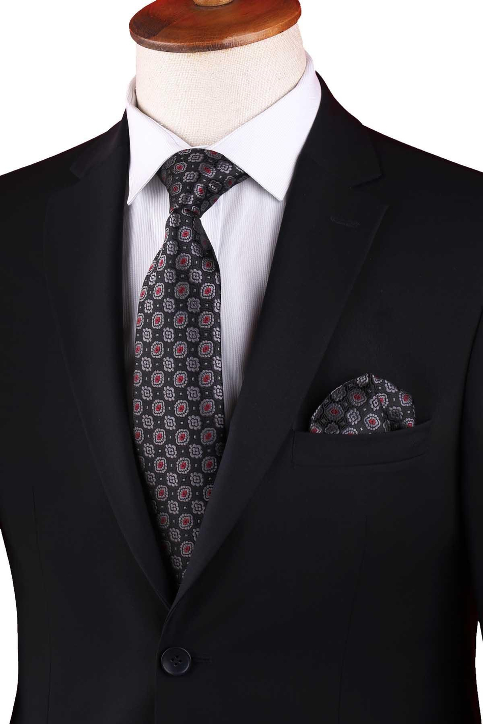 Siyah Çiçek Desen Mendilli Klasik Kravat KK13131