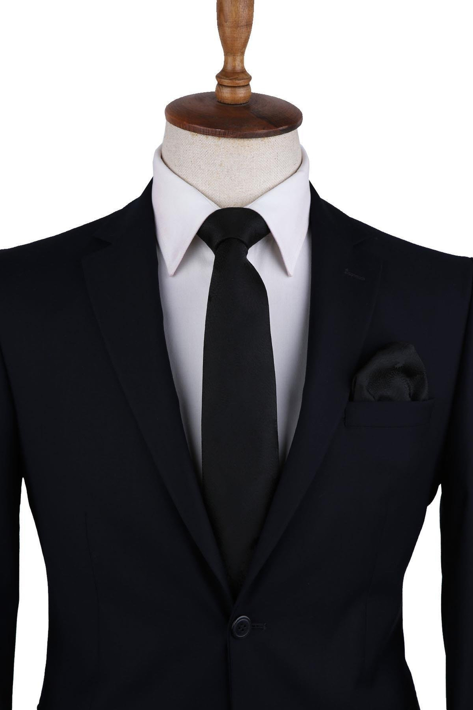 Siyah Çiçek Desen Mendilli Klasik Kravat KK10479