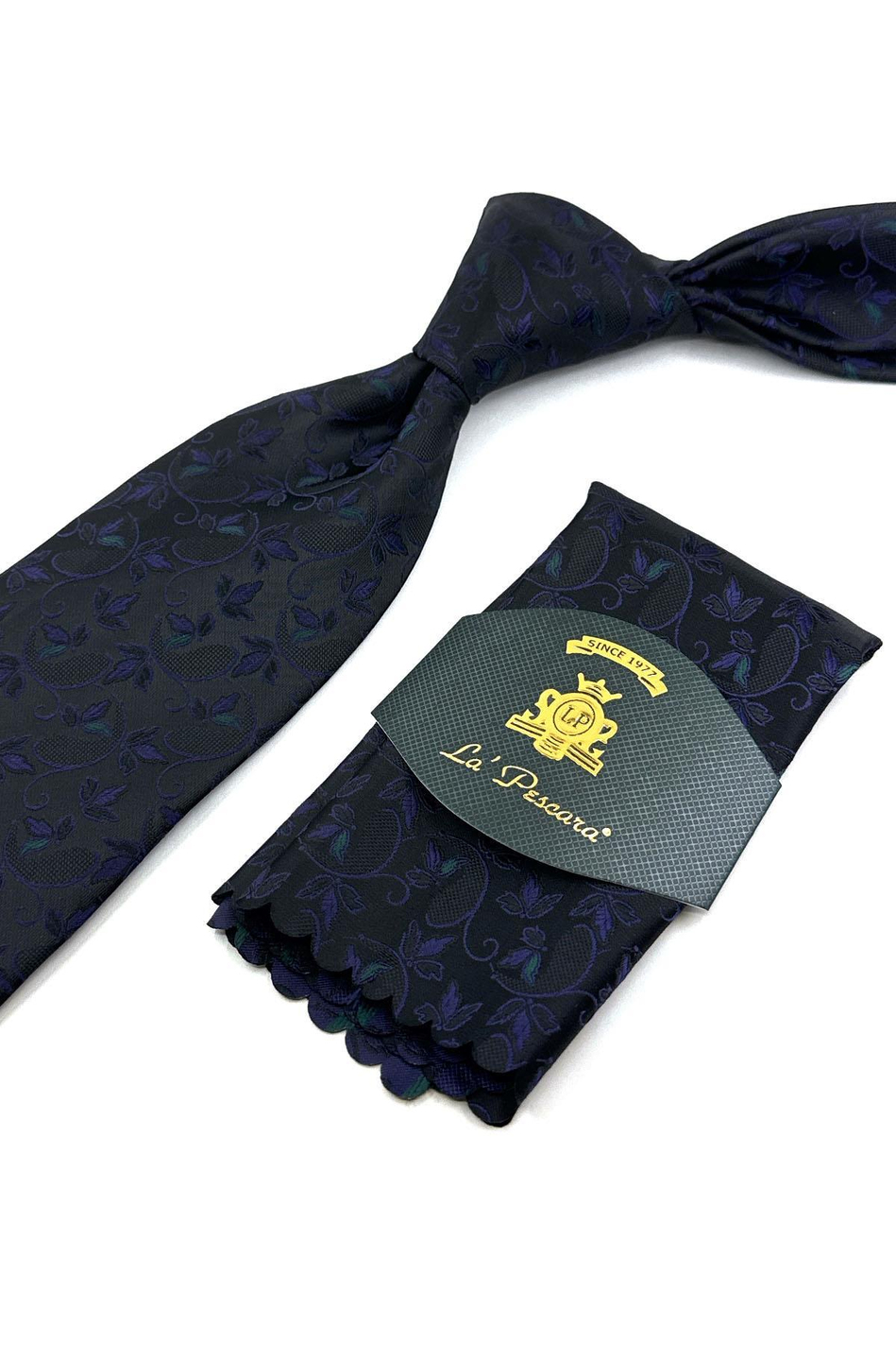 Siyah Çiçek Desen Mendilli Klasik Kravat KK12038