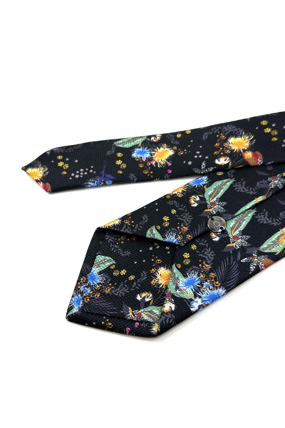Siyah - Çok Renkli Çiçek Desen Mendilli Klasik Kravat KK11936