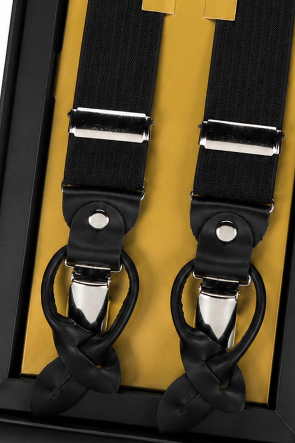 Siyah Deri Bağlantılı Düğme Delikli Jakarlı Pantolon Askısı PAN217