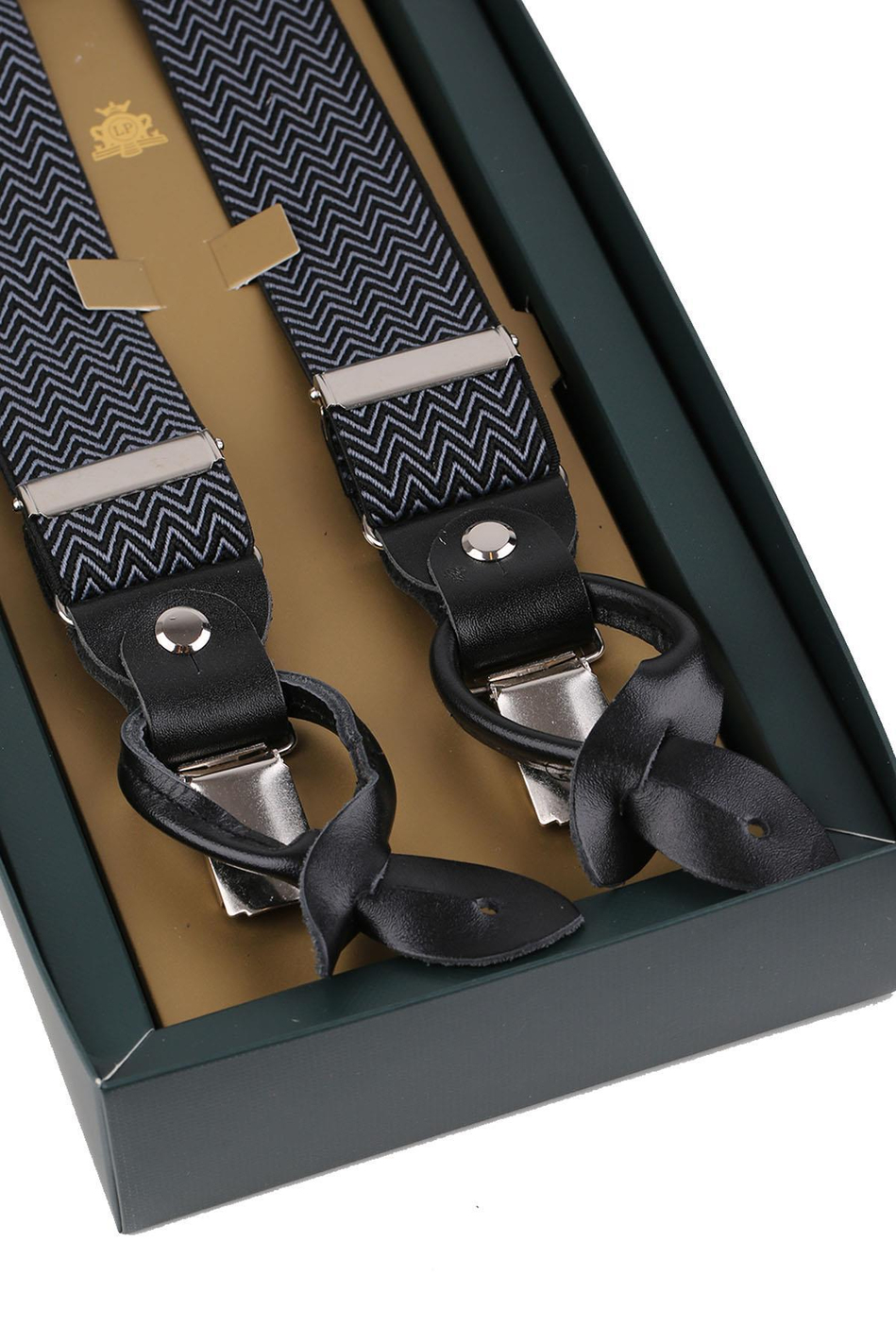 Siyah Deri Bağlantılı Düğme Delikli Jakarlı Pantolon Askısı PAN159