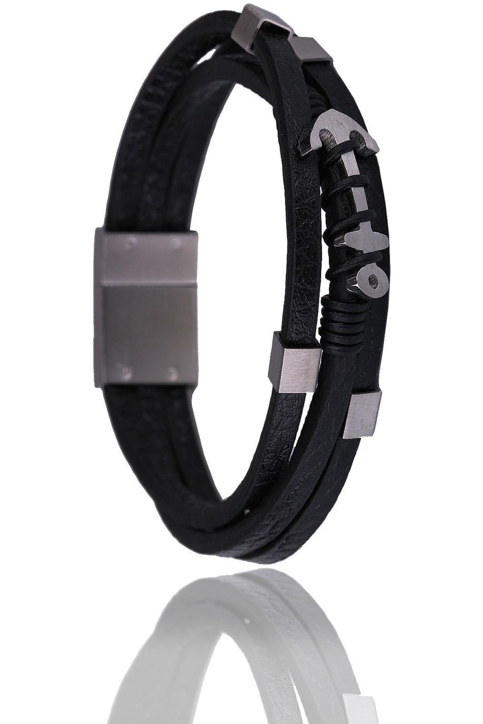 Siyah Deri Çelik Erkek Bileklik BLK1508
