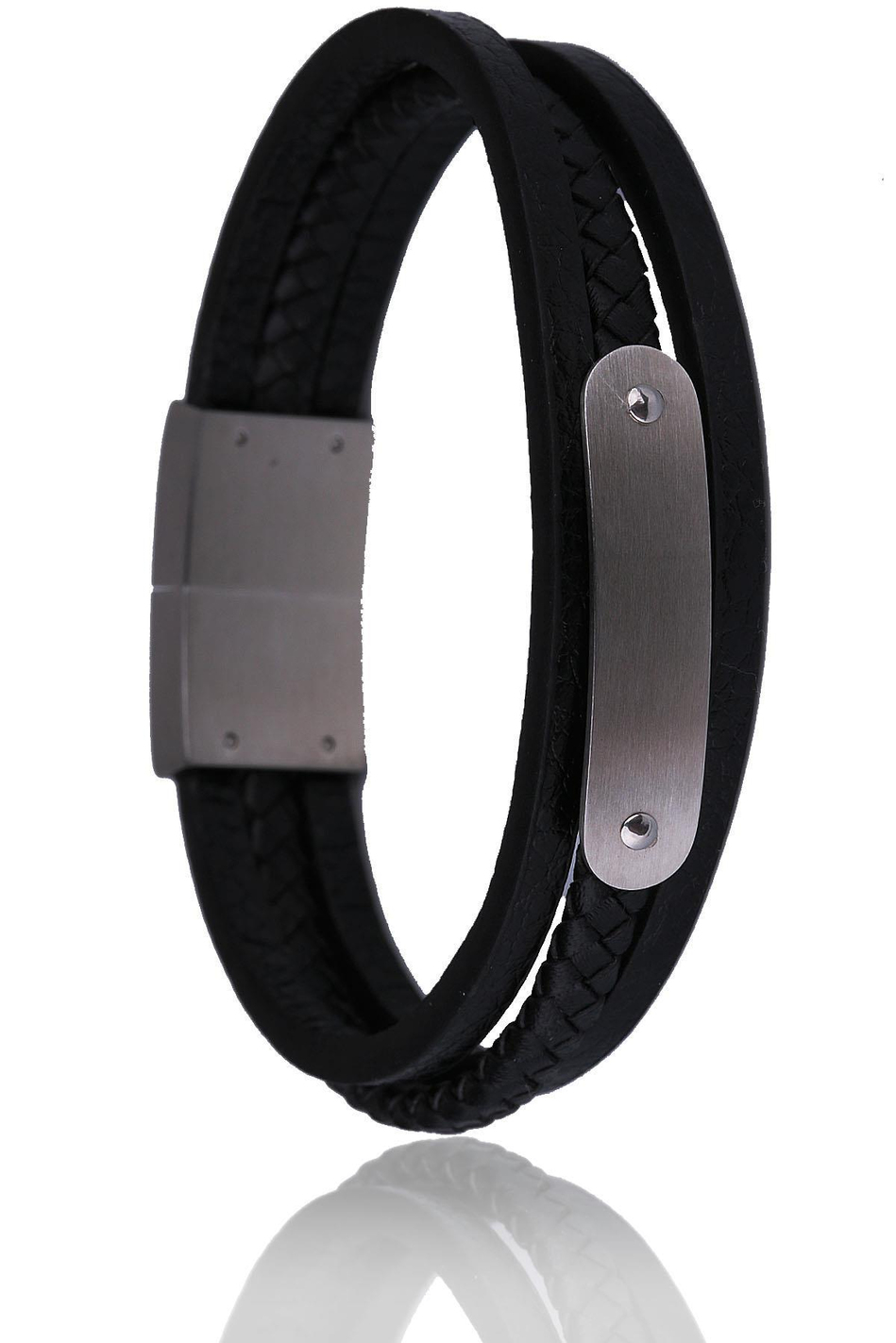 Siyah Deri Çelik Erkek Bileklik BLK1554