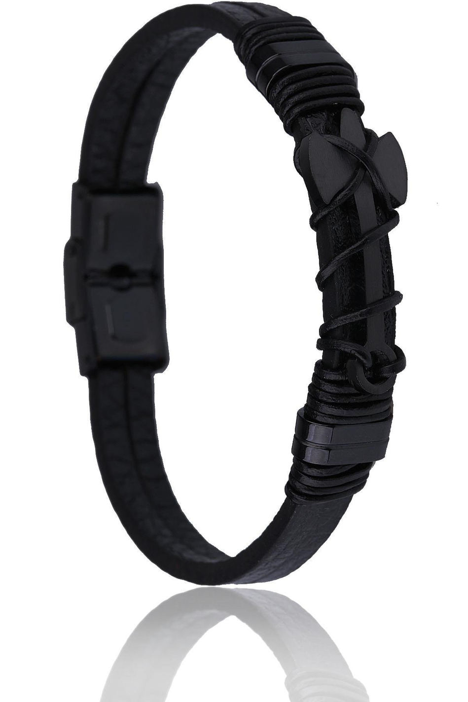 Siyah Deri Çelik Erkek Bileklik BLK1563