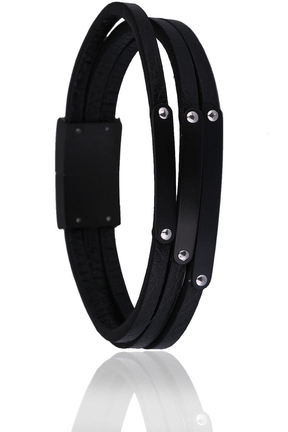 Siyah Deri Çelik Erkek Bileklik BLK1582
