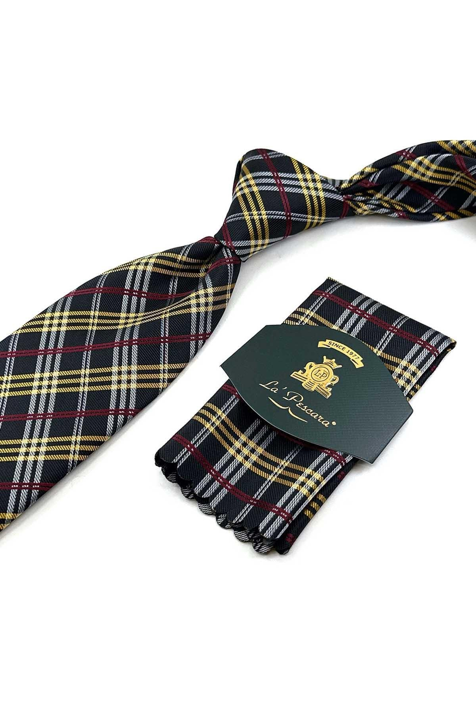 Siyah Ekose Desen Mendilli Klasik Kravat KK13199