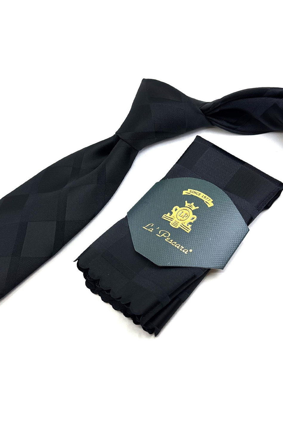 Siyah Ekose Desen Mendilli Klasik Kravat KK11169