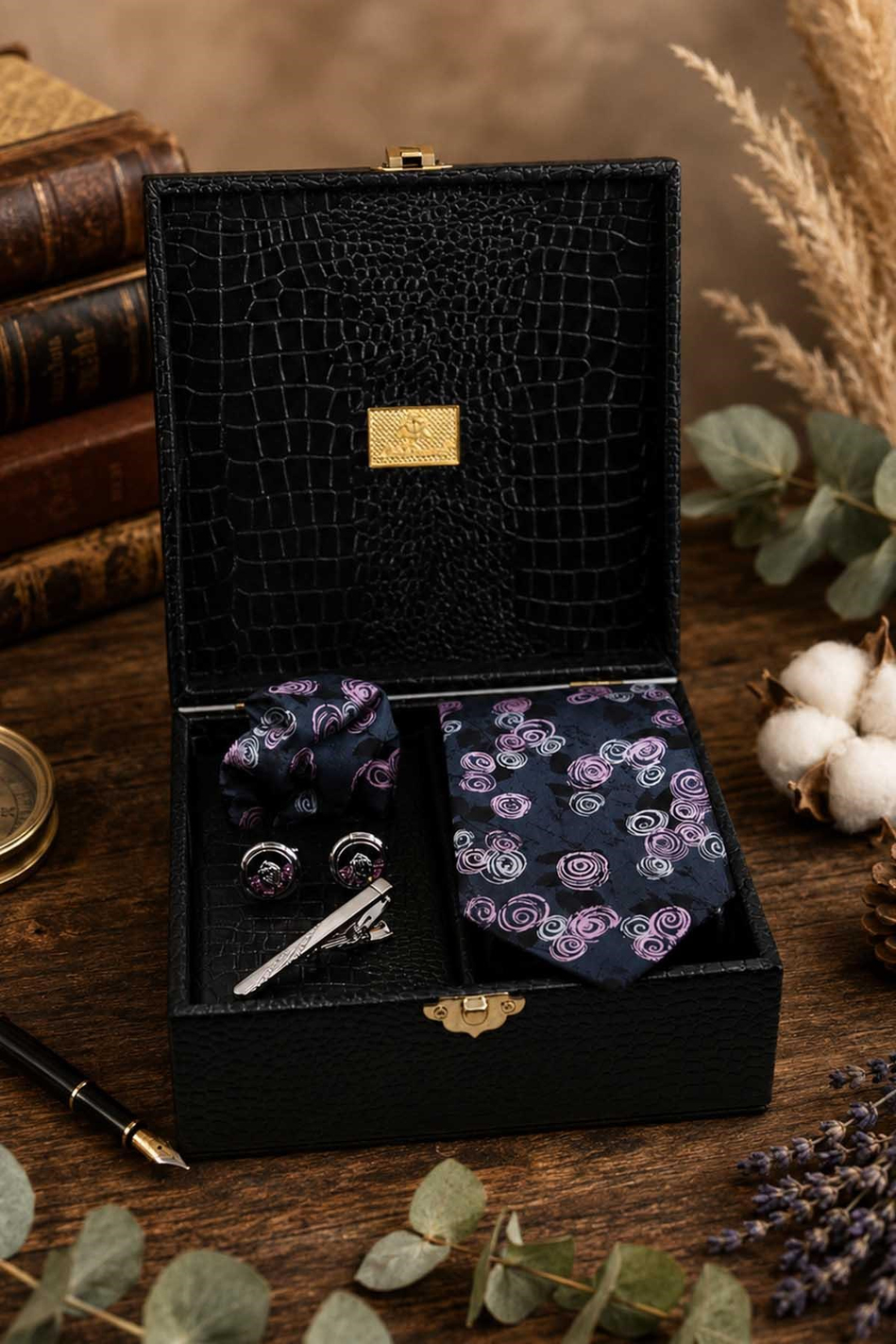 Siyah Erkek Hediye Kutusu - Mendilli Kravat Kol Düğmesi Kravat İğnesi KMK208