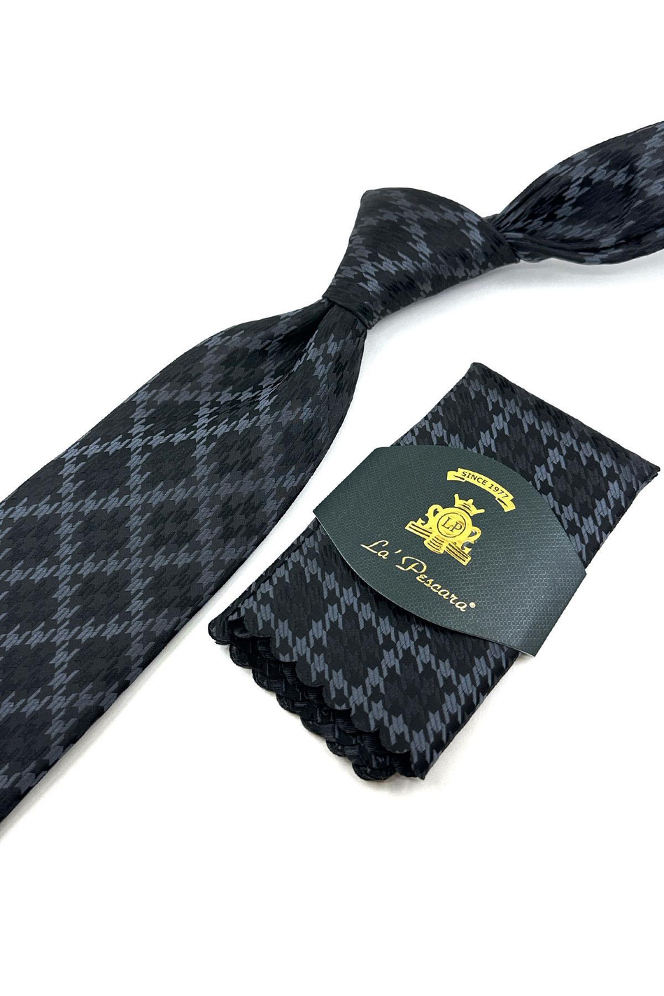 Siyah - Füme Motif Desen Mendilli Klasik Kravat KK12022