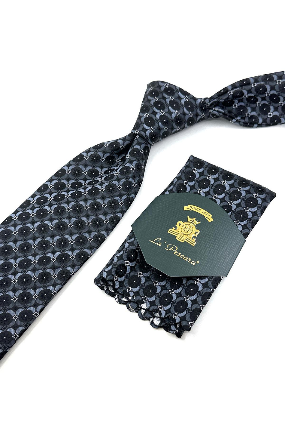 Siyah - Füme Motif Desen Mendilli Klasik Kravat KK11999