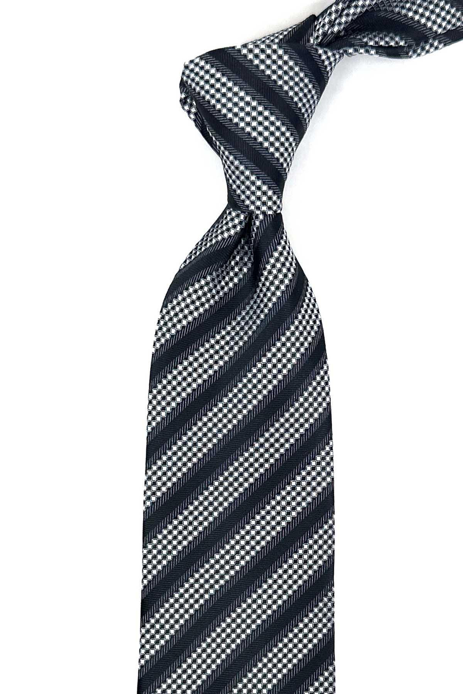 Siyah - Gri Çizgi Desen Mendilli Klasik Kravat KK12317