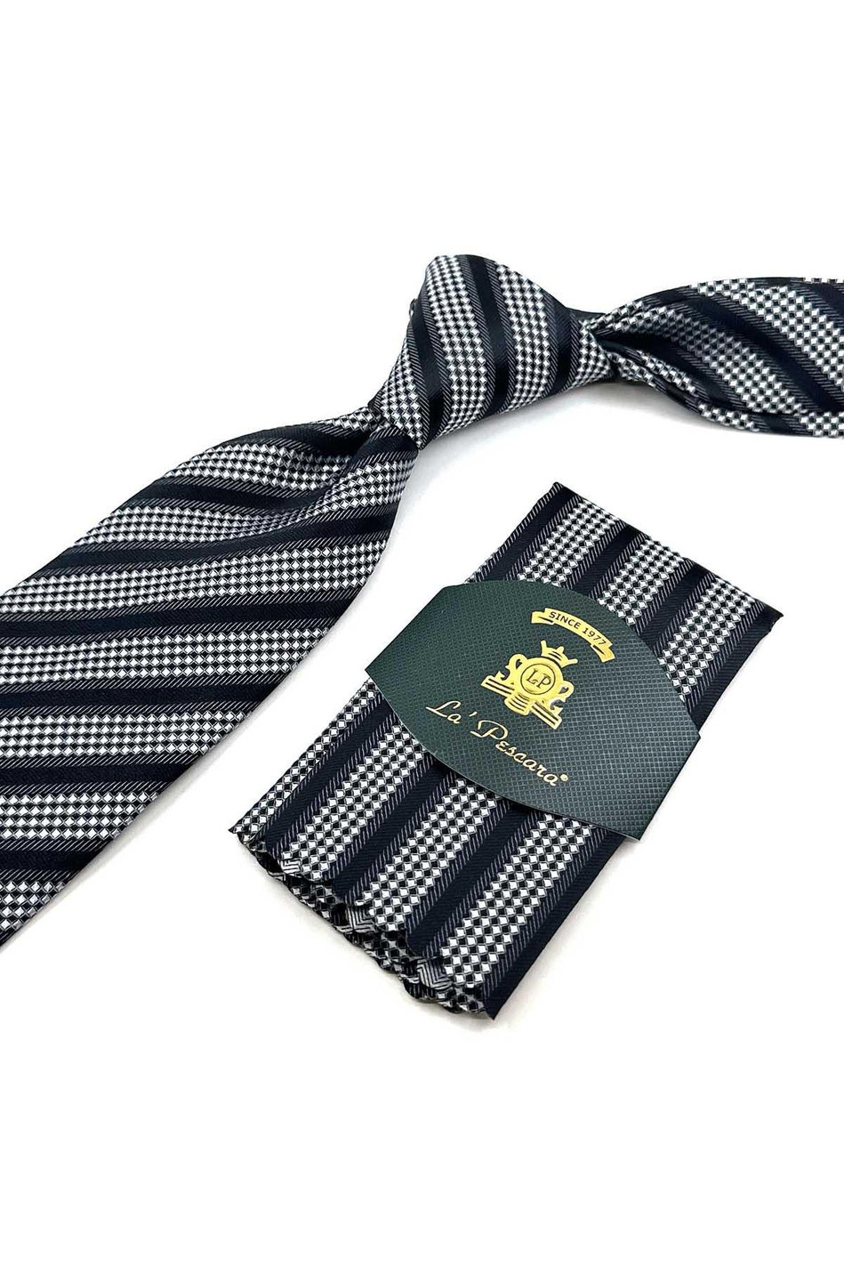 Siyah - Gri Çizgi Desen Mendilli Klasik Kravat KK12317