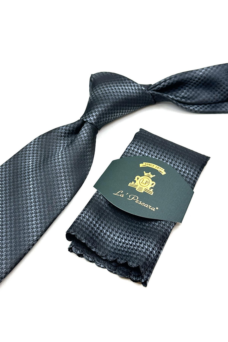 Siyah - Gri Kaz Ayağı Mendilli Klasik Kravat KK13015