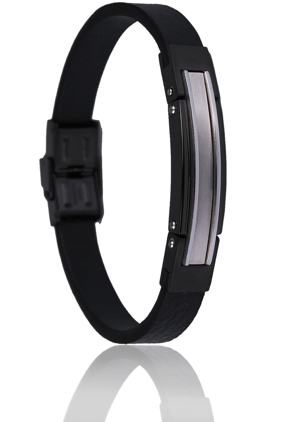 Siyah - Gümüş Renk Deri Çelik Erkek Bileklik BLK1545