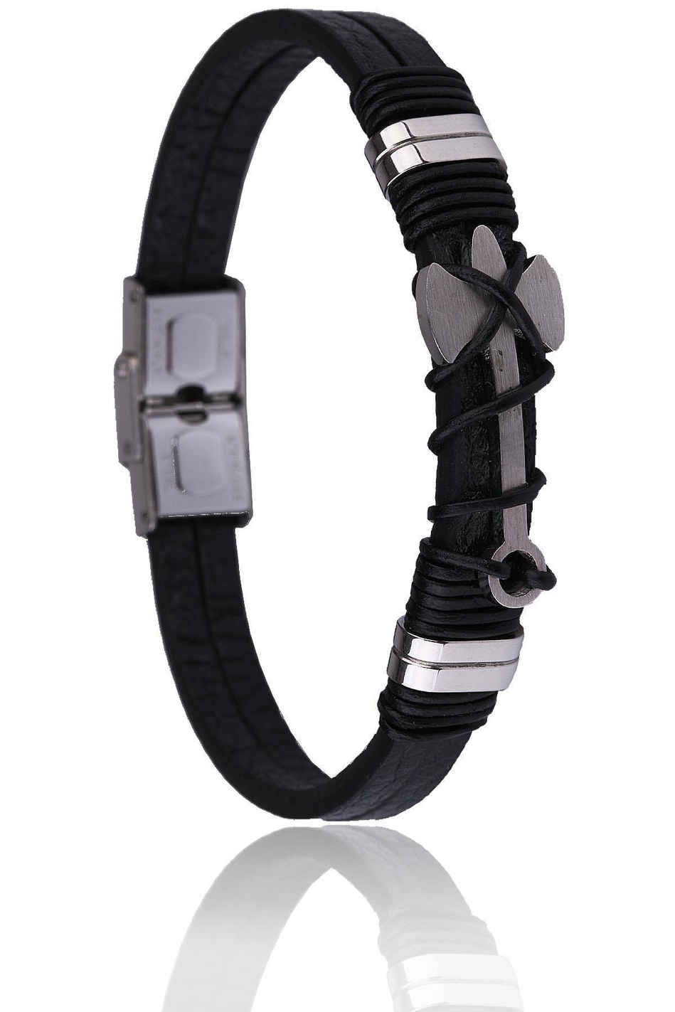 Siyah - Gümüş Renk Deri Çelik Erkek Bileklik BLK1577