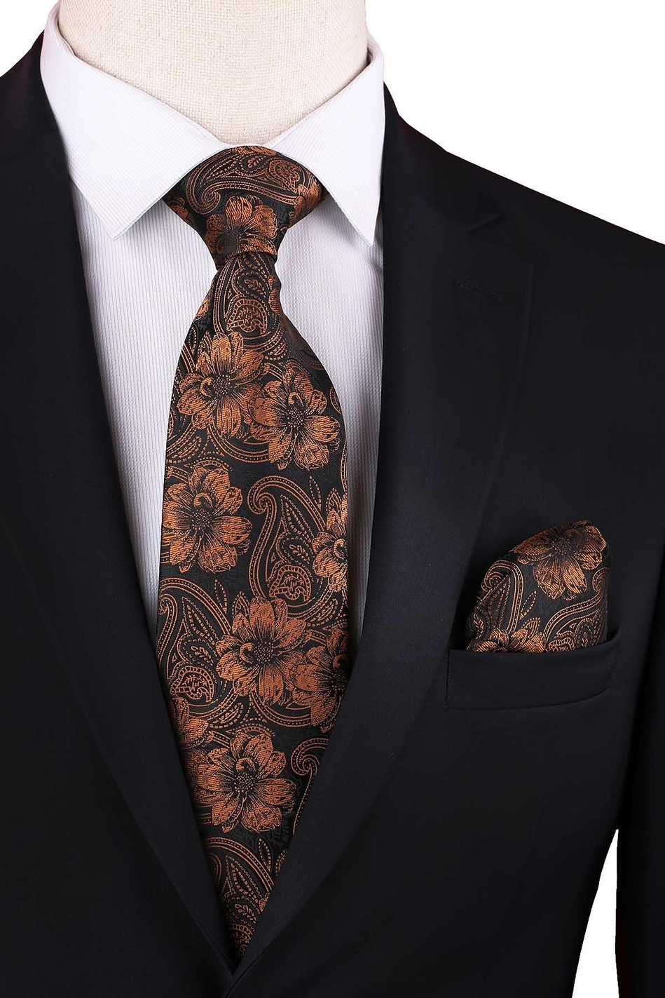 Siyah - Kahve Çiçek Desen Mendilli Klasik Kravat KK12947