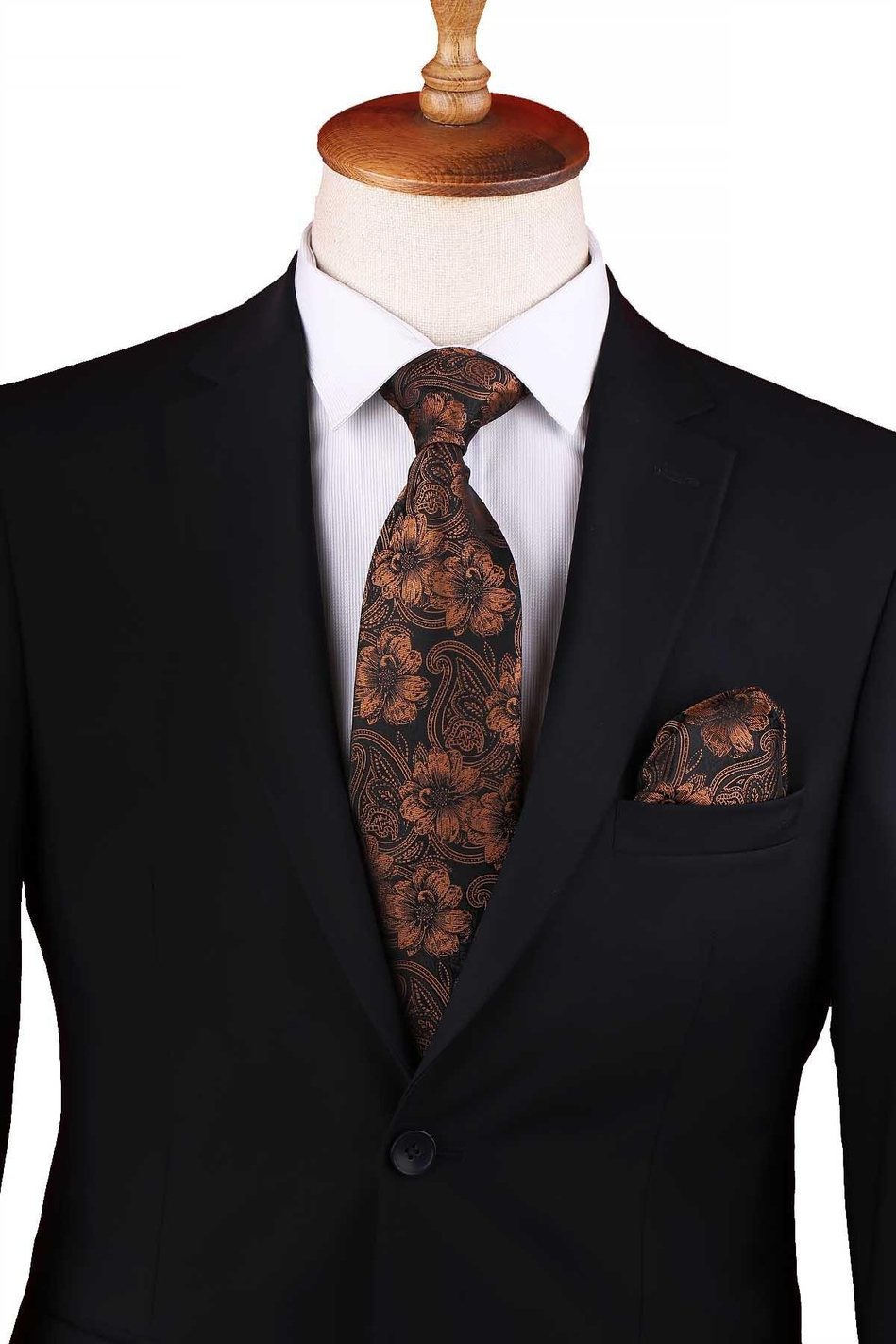 Siyah - Kahve Çiçek Desen Mendilli Klasik Kravat KK12947