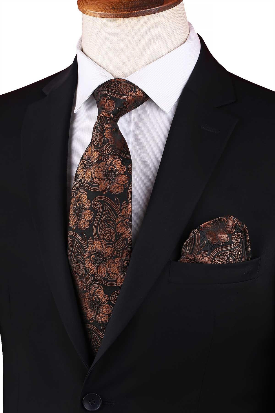 Siyah - Kahve Çiçek Desen Mendilli Klasik Kravat KK12947
