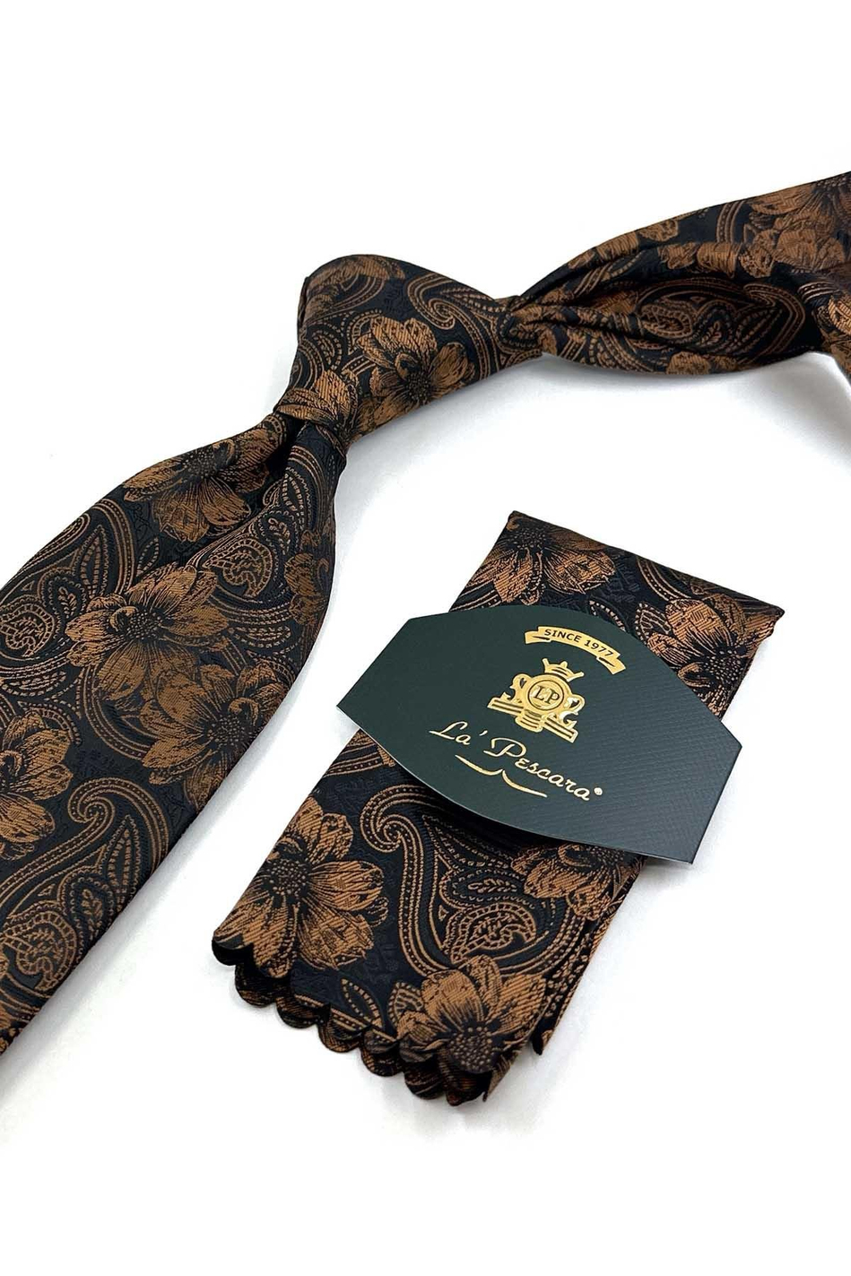 Siyah - Kahve Çiçek Desen Mendilli Klasik Kravat KK12947