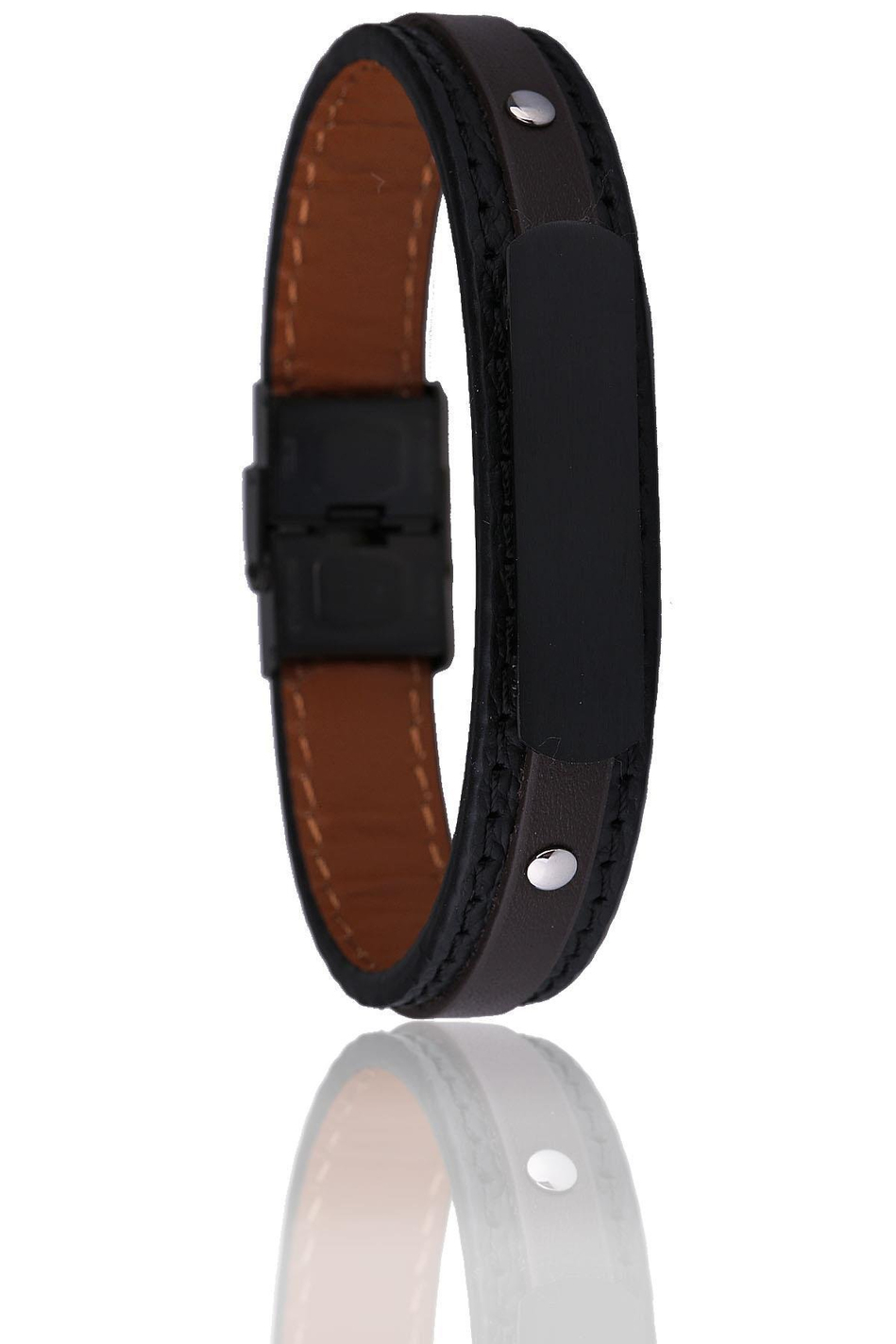 Siyah - Kahve Deri Çelik Erkek Bileklik BLK1499