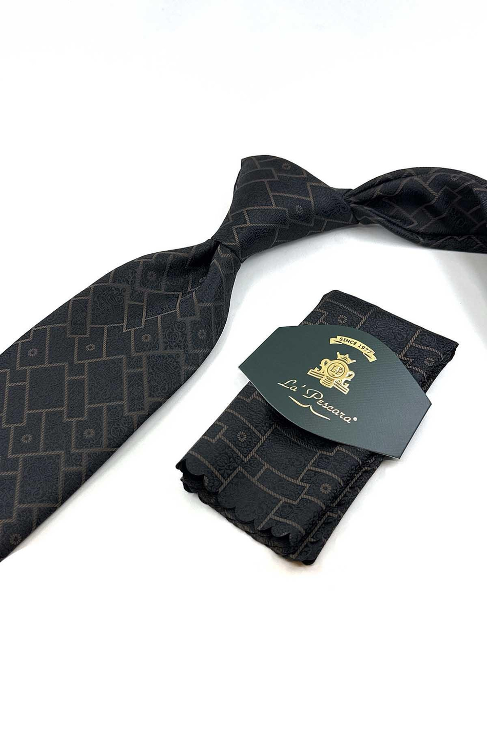 Siyah - Kahve Kare Desen Mendilli Klasik Kravat KK13332