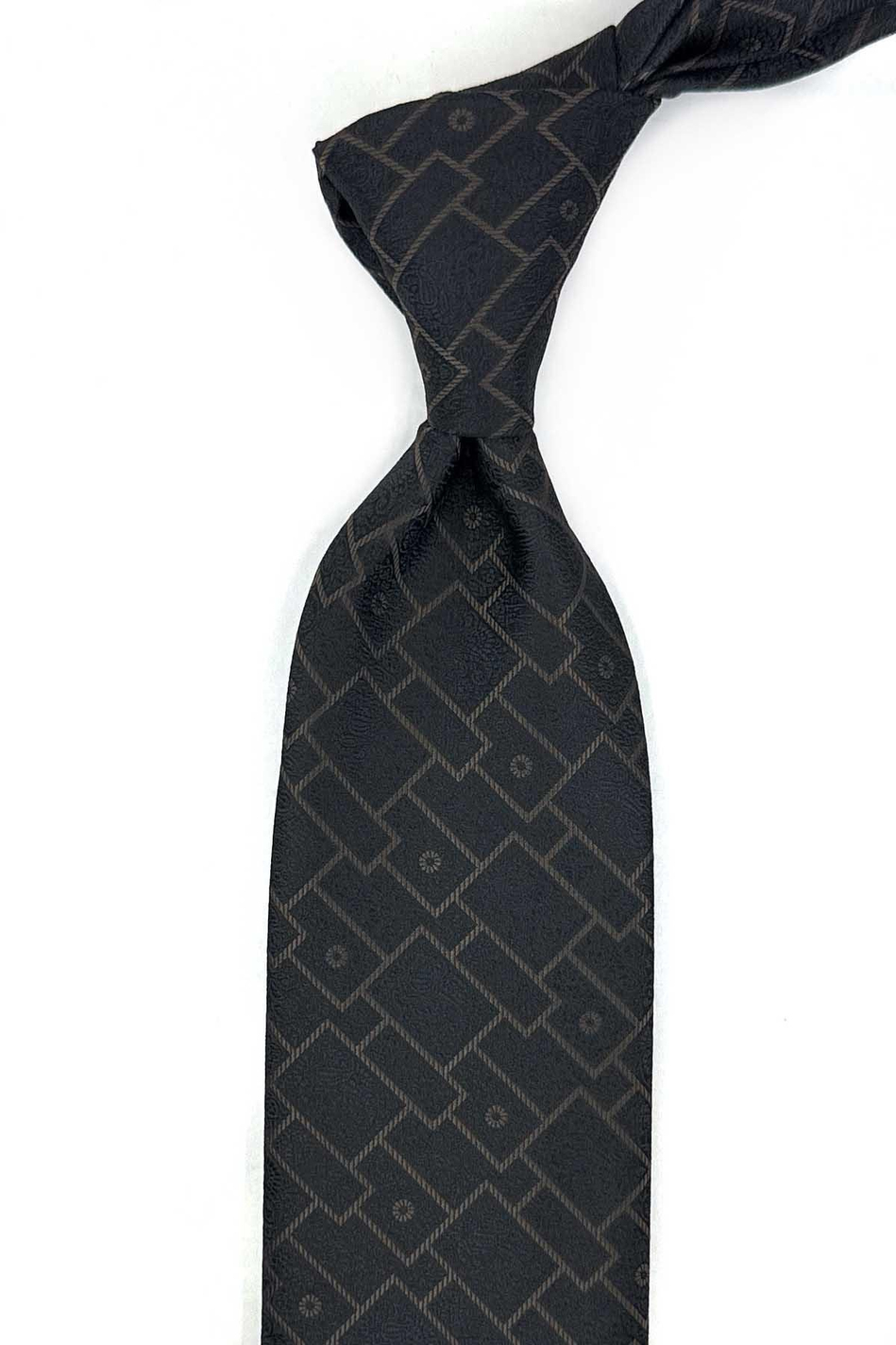 Siyah - Kahve Kare Desen Mendilli Klasik Kravat KK13332