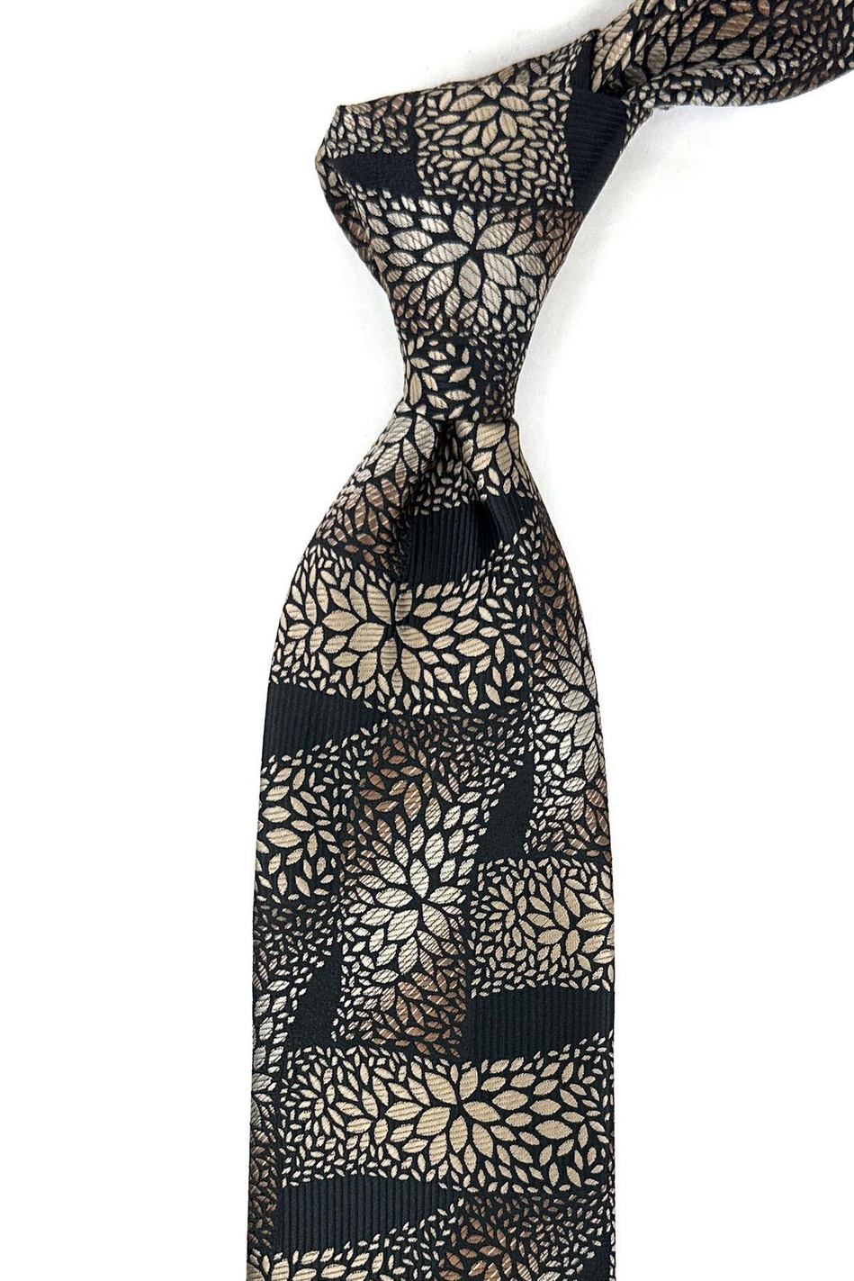 Siyah - Kahve Motif Desen Mendilli Klasik Kravat KK12057