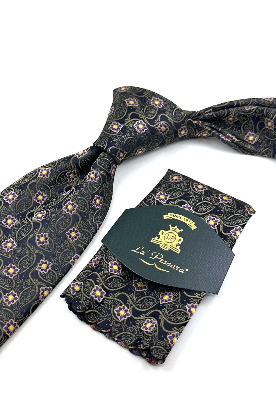 Siyah Kahve Motif Desen Mendilli Klasik Kravat KK13885