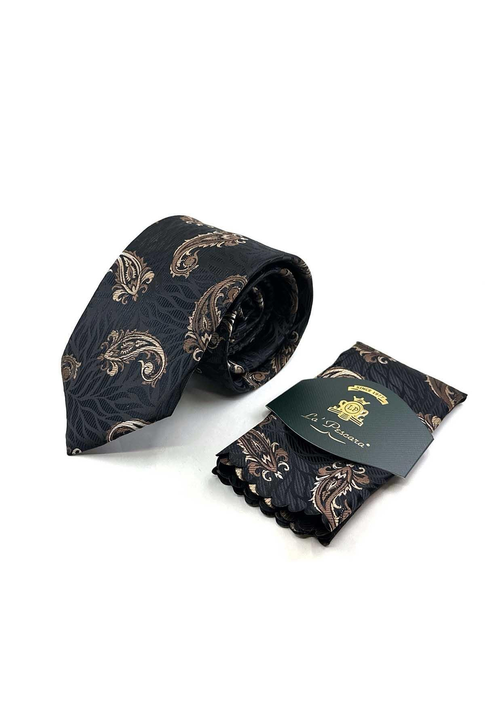 Siyah - Kahve Şal Desen Mendilli Klasik Kravat KK13304