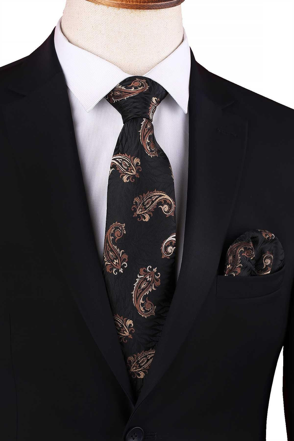 Siyah - Kahve Şal Desen Mendilli Klasik Kravat KK13304