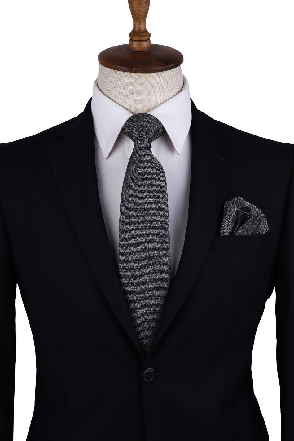 Siyah Kum Desen Mendilli Klasik Kravat KK10506