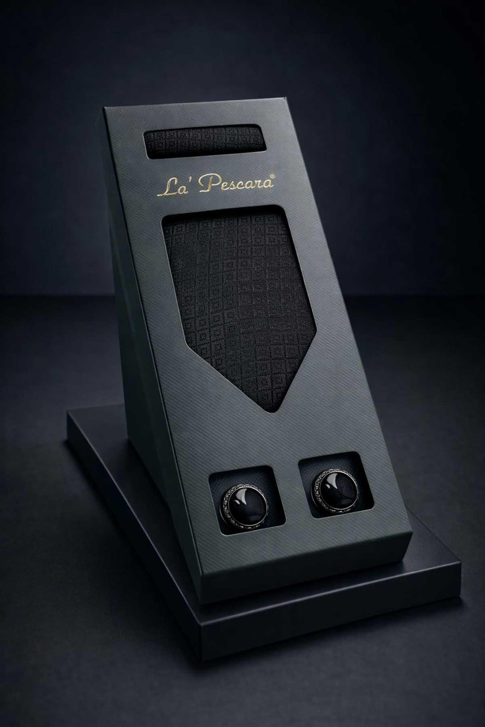 Siyah Mendilli Klasik Kravat Kol Düğmesi Erkek Hediye Seti OS599