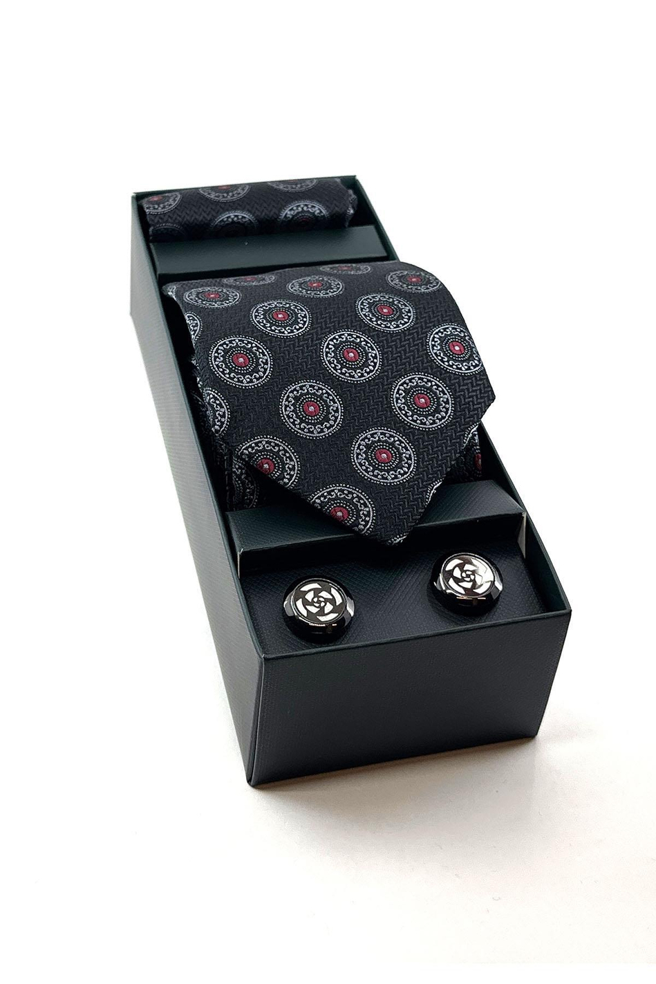 Siyah Mendilli Kravat Gri - Siyah Kol Düğmesi OS474