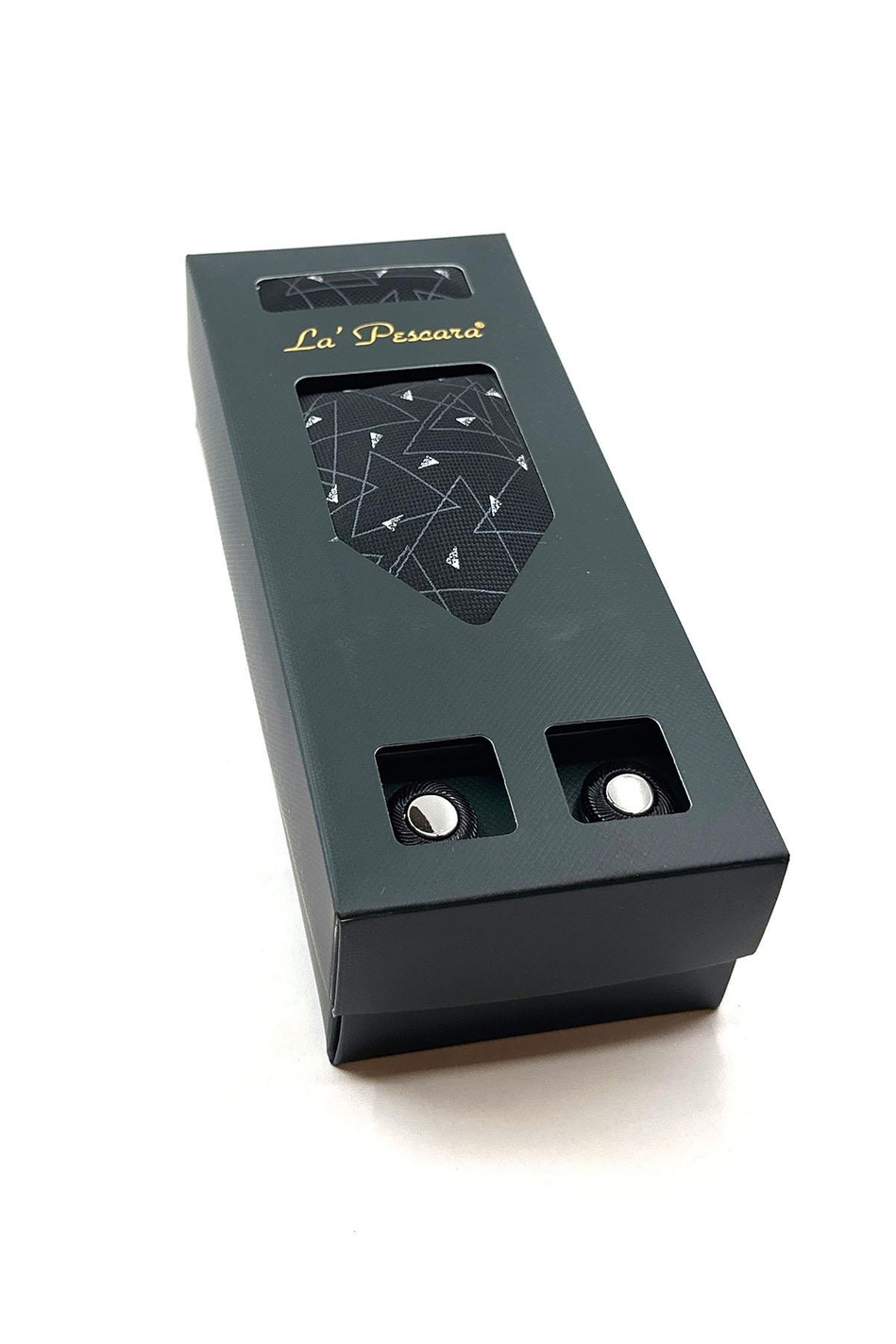 Siyah Mendilli Kravat Siyah - Gri Kol Düğmesi Hediye Seti OS522