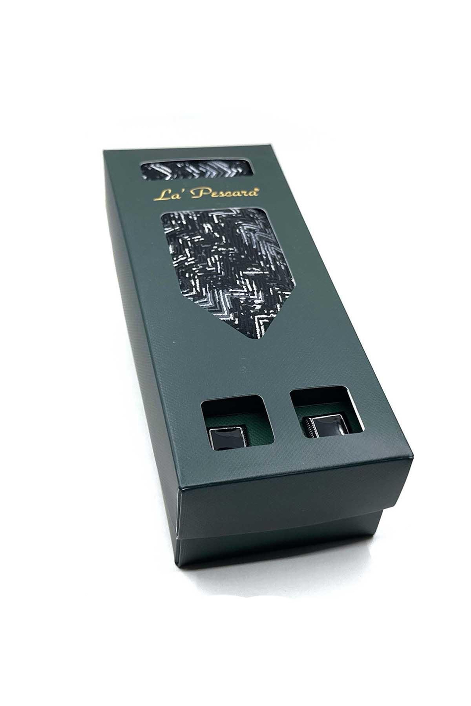 Siyah Mendilli Kravat Siyah Kol Düğmesi Hediye Seti OS583