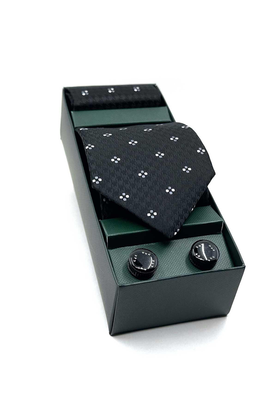 Siyah Mendilli Kravat Siyah Kol Düğmesi Hediye Seti OS580