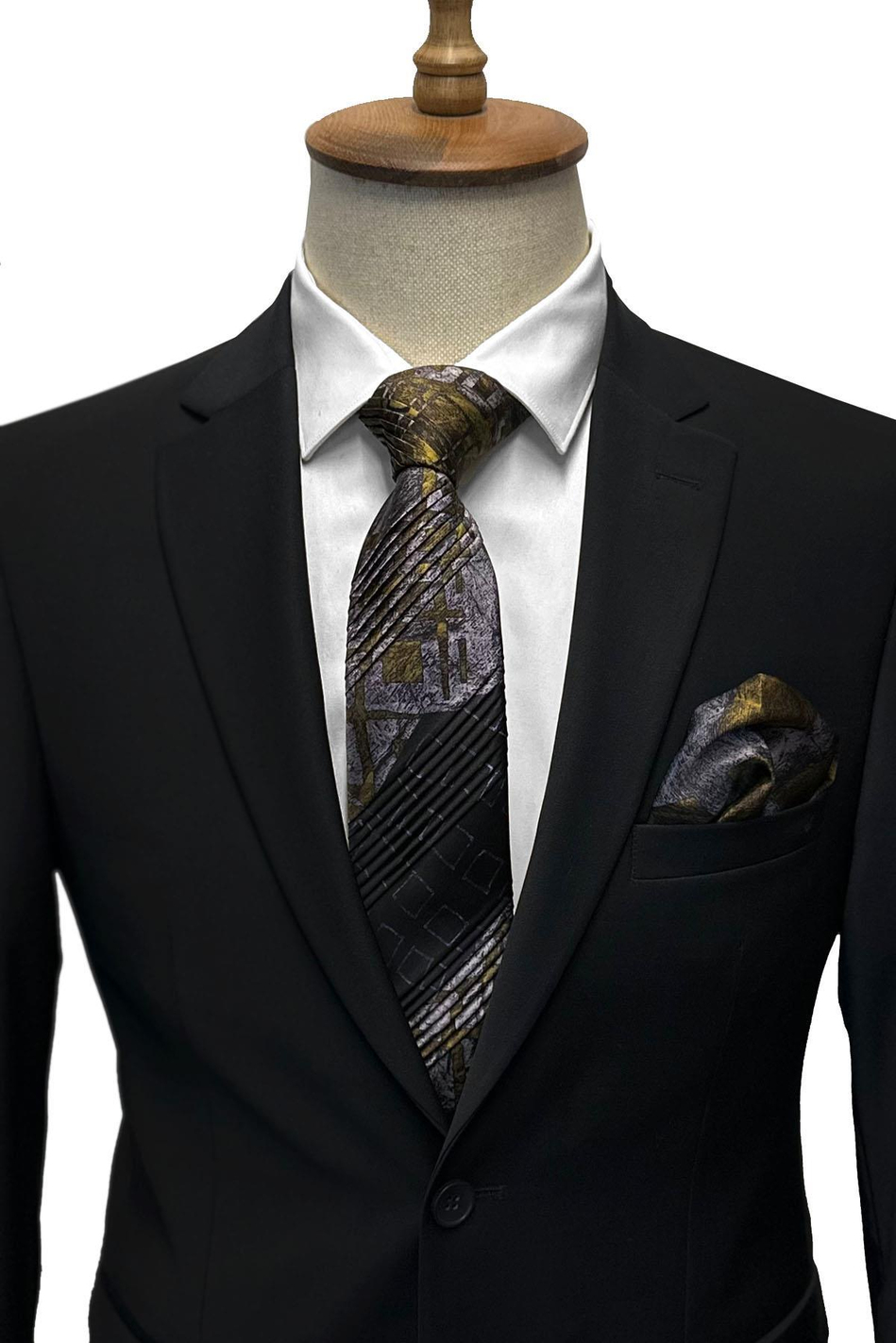 Siyah Motif Desen İtalyan Piliseli İpek Kravat EST169