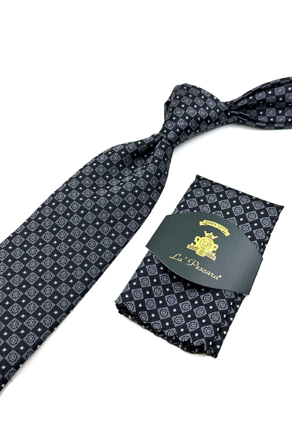 Siyah Motif Desen Mendilli Klasik Kravat KK12604