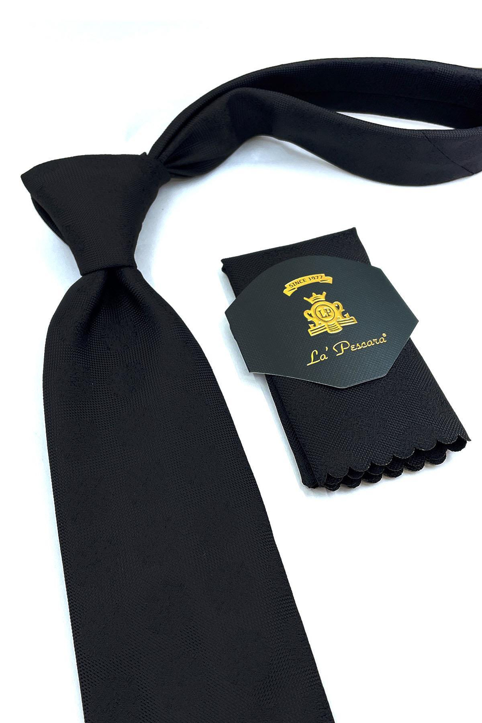 Siyah Motif Desen Mendilli Klasik Kravat KK10972
