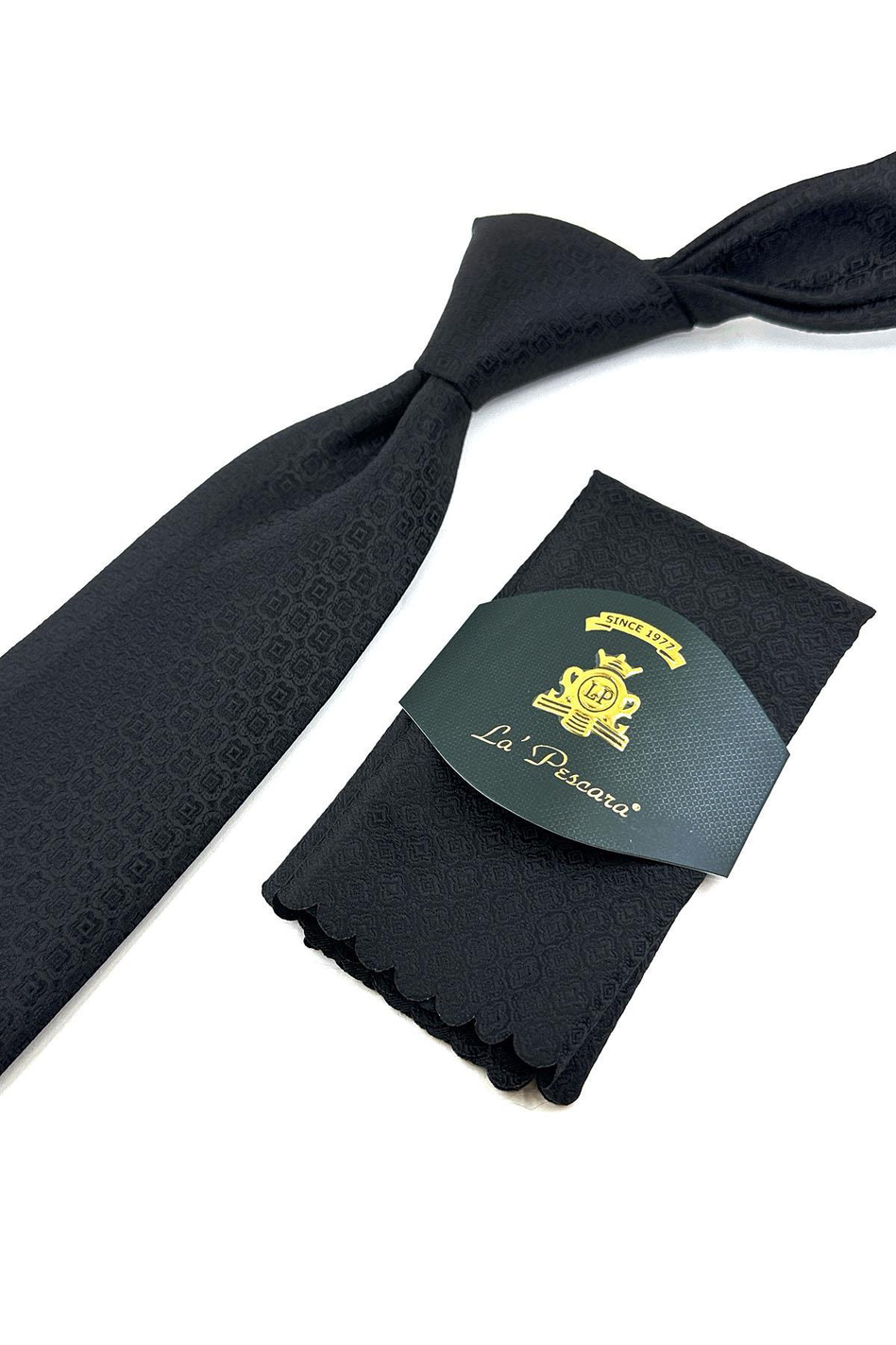 Siyah Motif Desen Mendilli Klasik Kravat KK11973
