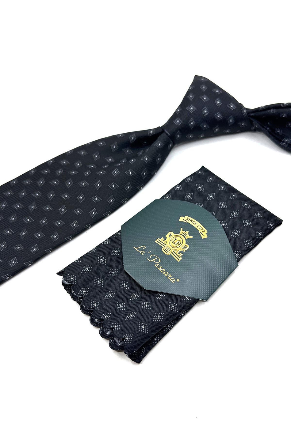 Siyah Motif Desen Mendilli Klasik Kravat KK11553