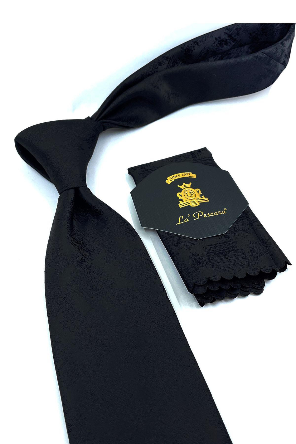 Siyah Motif Desen Mendilli Klasik Kravat KK10979