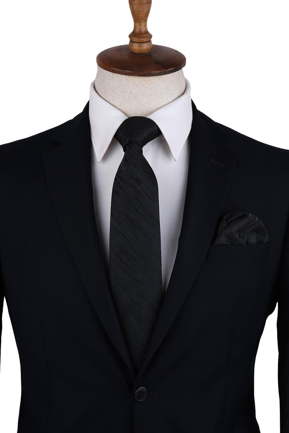 Siyah Motif Desen Mendilli Klasik Kravat KK10523