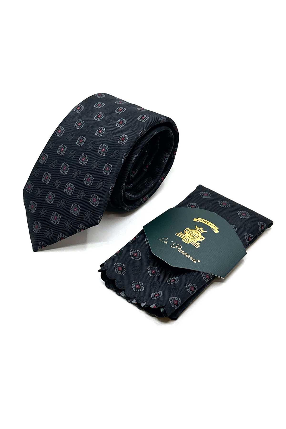 Siyah Motif Desen Mendilli Klasik Kravat KK13088