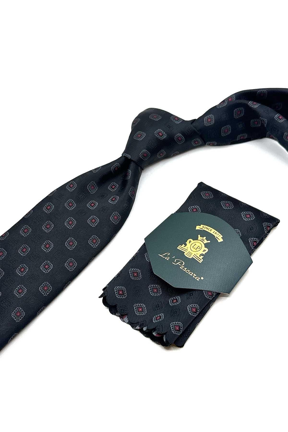 Siyah Motif Desen Mendilli Klasik Kravat KK13088