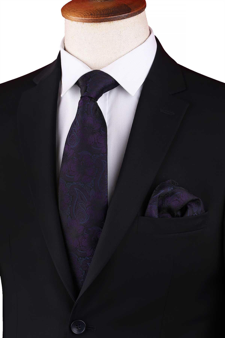 Siyah - Mürdüm Çiçek Desen Mendilli Klasik Kravat KK12948