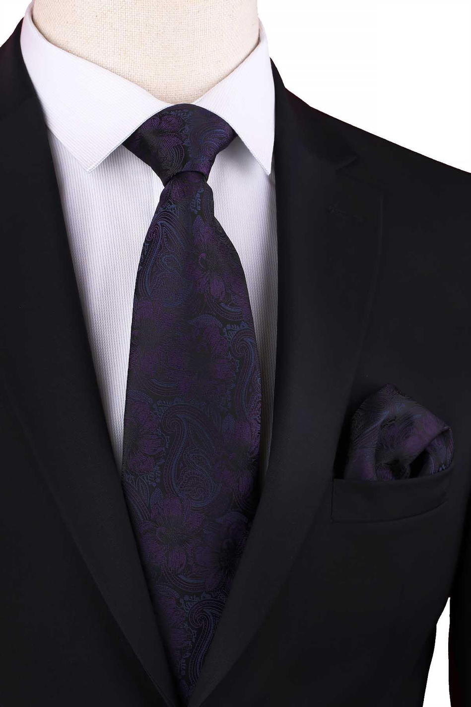 Siyah - Mürdüm Çiçek Desen Mendilli Klasik Kravat KK12948