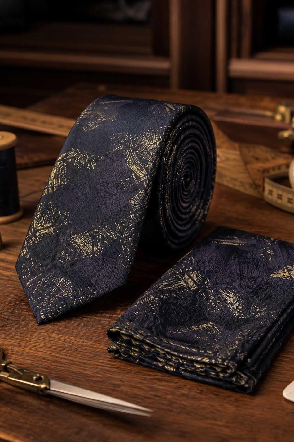 Siyah Mürdüm Motif Desen Mendilli Klasik Kravat KK13746
