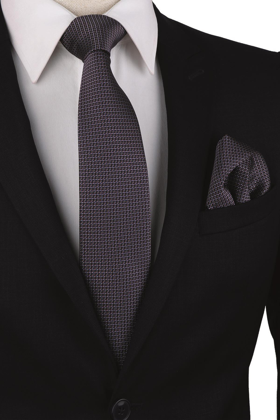 Siyah Nokta Desen Mendilli Klasik Kravat KK10102